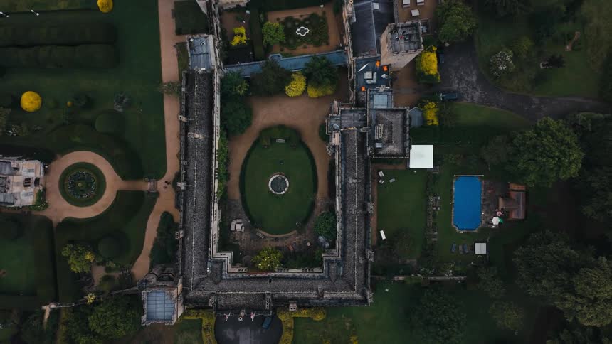 Aerial view of the interior gardens of a castle or manor