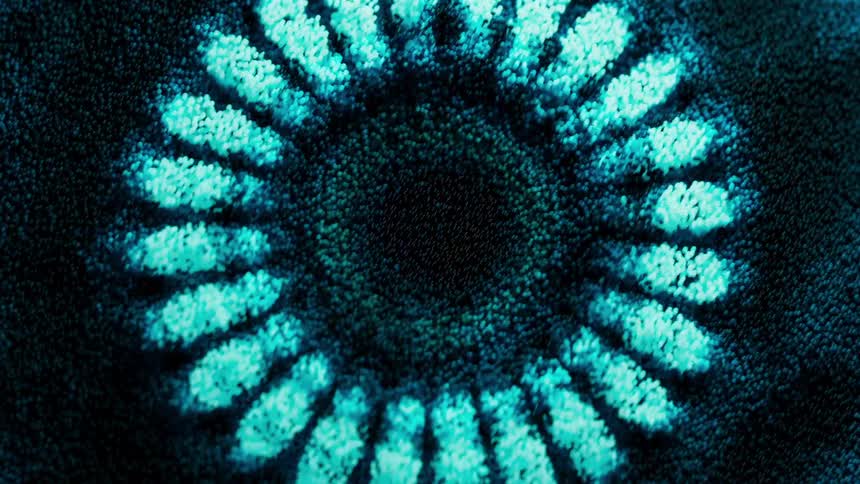 Intricate blue patterns radiating from a central dark point forming a pulsing circular shape