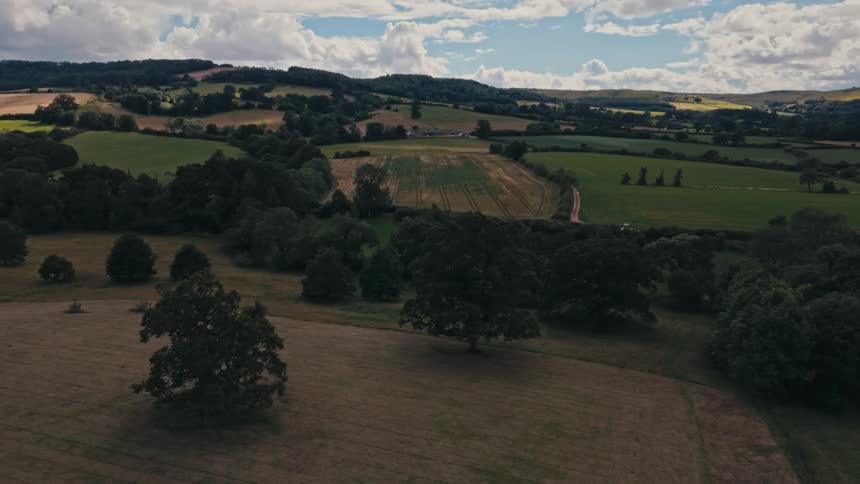 Aerial of green and natural fields with hills during the day