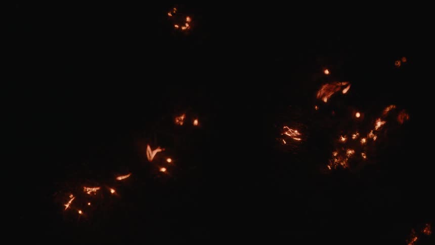 Burning embers float and spark outdoors at night