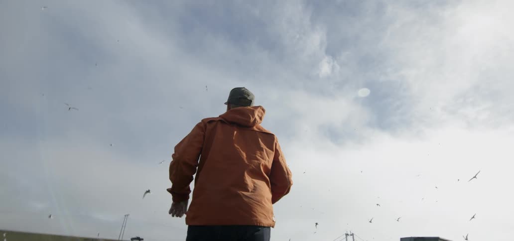 A man is running with birds circling overhead