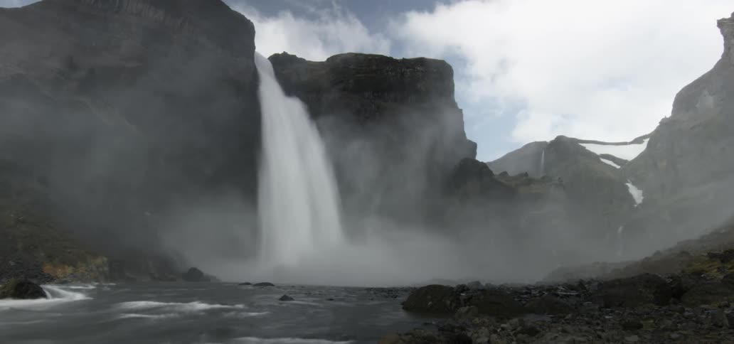 Time-lapse of a high waterfall on a cloudy day