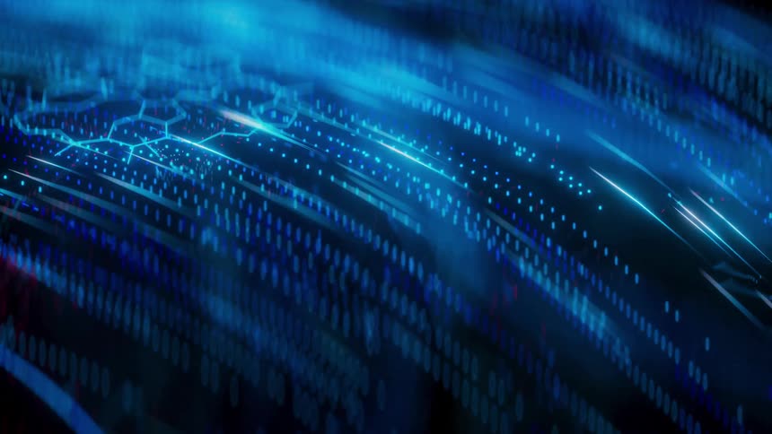 Technological blue energy data lines and particles passing quickly on a surface forming shapes