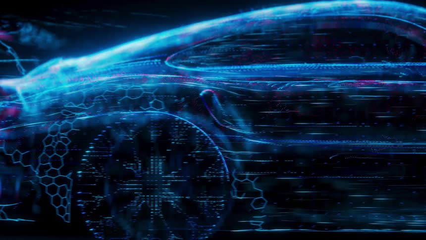 A car made of neon glowing energy trails drives quickly past the camera