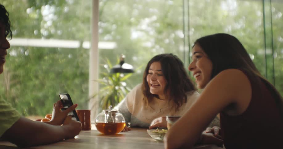 Three women sitting around a table drinking tea showing each other a cellphone and laughing and smiling
