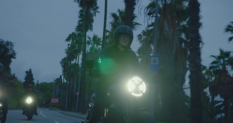 A small group of people on motorcycles riding down a road at dusk near palm trees