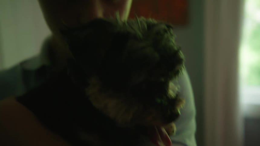 Person holding a small dog stands at home