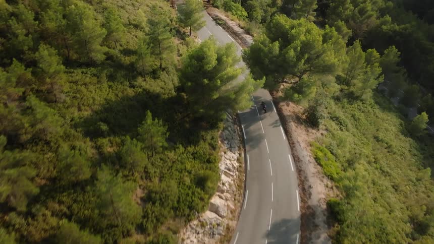 A lone motorcycle rider navigates a winding road through a dense forest
