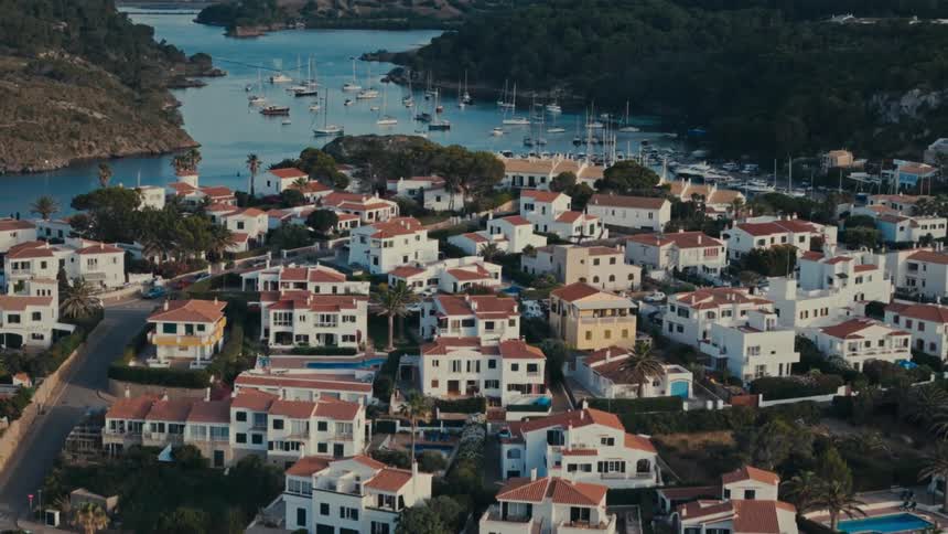 An aerial view of a coastal cityscape with white houses and a harbor full of boats