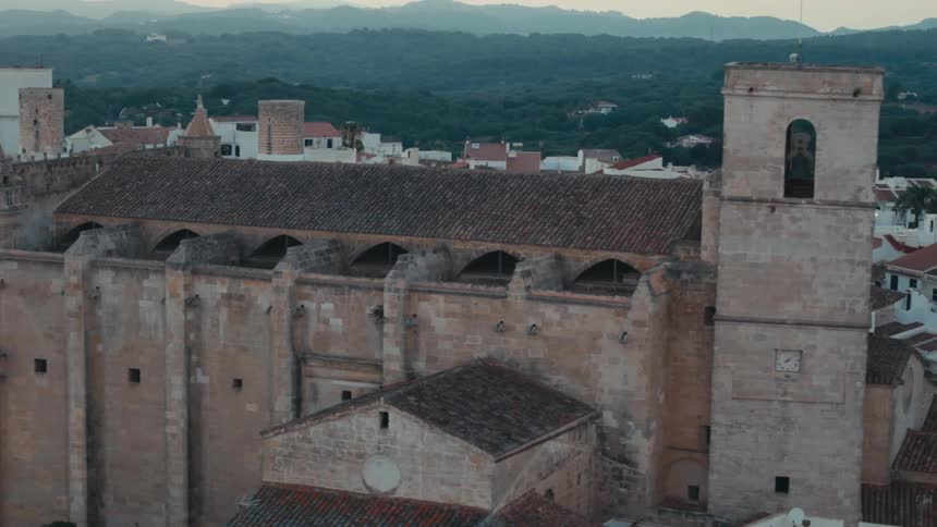 Birds fly over an ancient building in a town