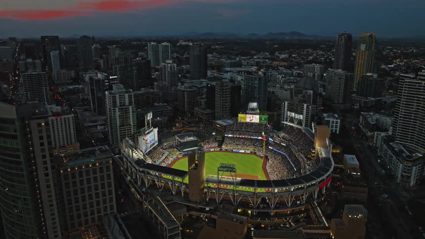A night aerial clip of Petco Park in San Diego