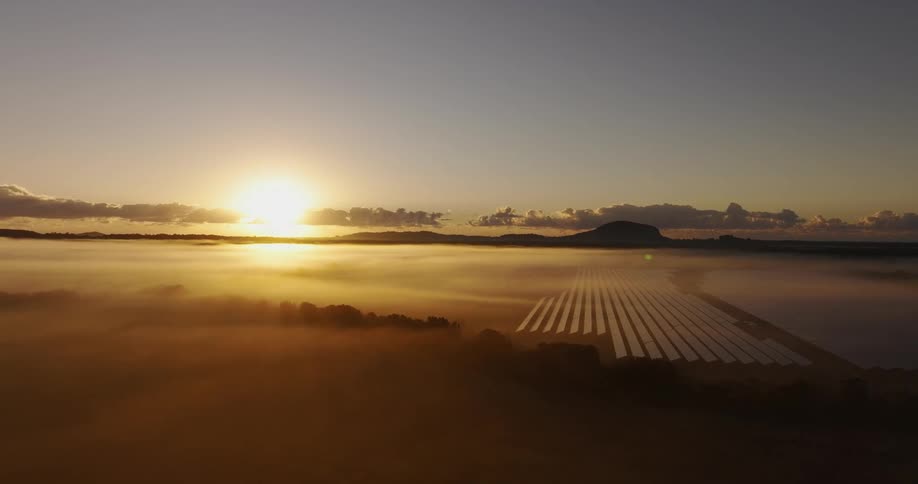 A field of solar panels is bathed in the golden light of sunrise