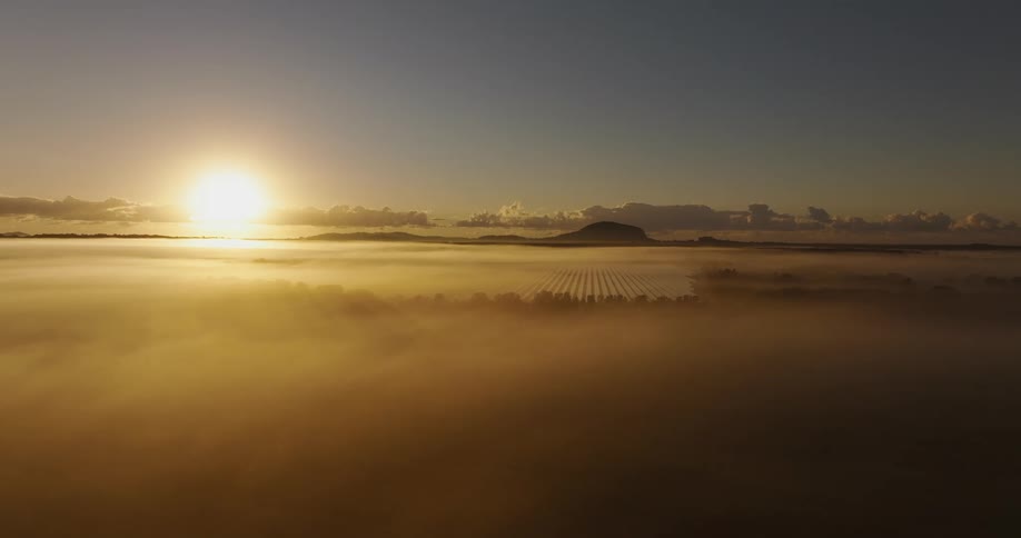 Fog blows over a vast plain partially filled with solar panels