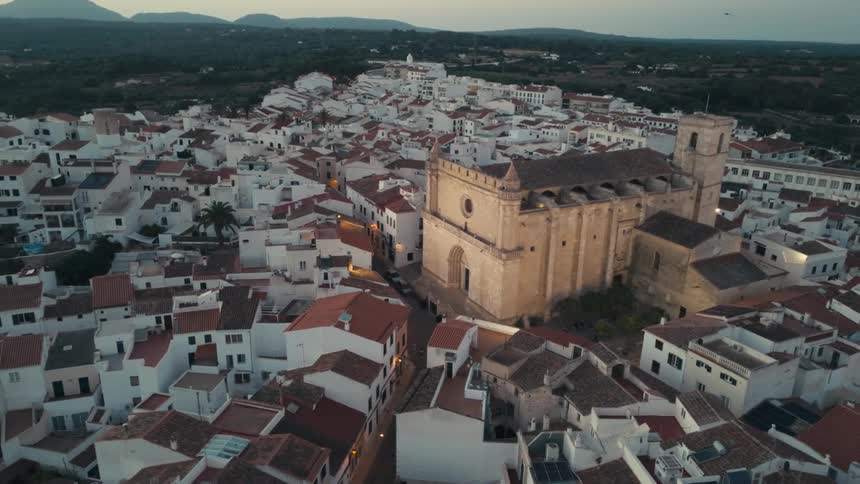 Birds fly over the apartment buildings near a historic cathedral in a town surrounded by a tree filled countryside