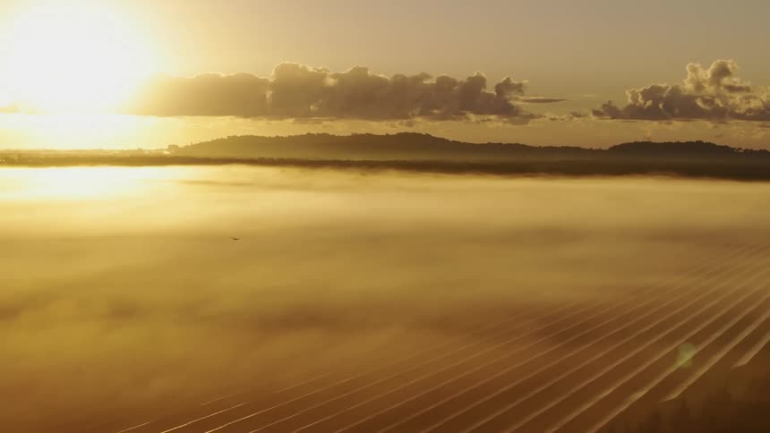 The sun is rising on the solar farm covered in fog