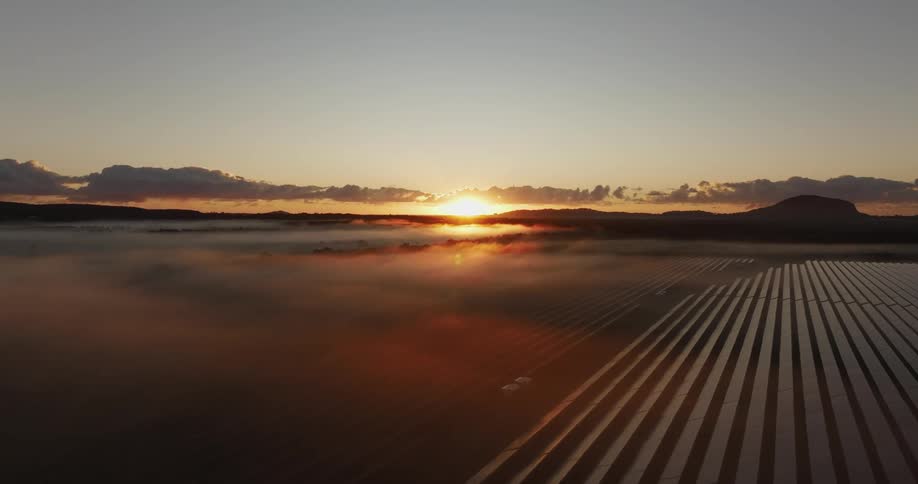 The sun is rising on the solar farm covered in fog