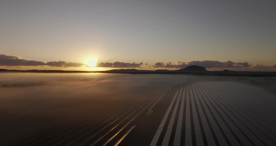A field of solar panels bathed in the warm glow of a sunrise