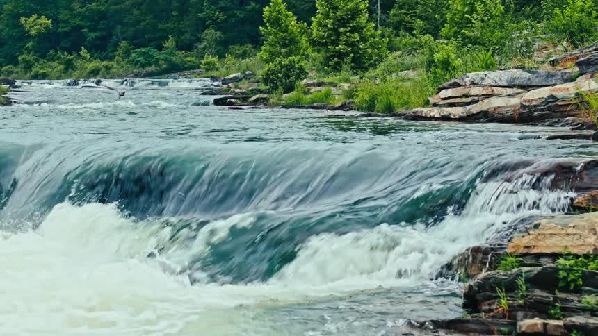 A rushing river flows over a rocky tiered waterfall as a bird flies away