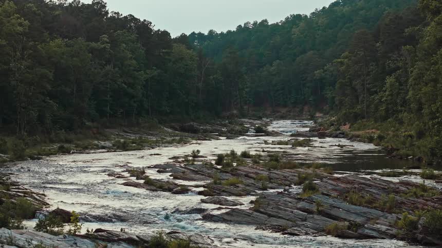 A shallow river flows over rocky rapids in a forested area