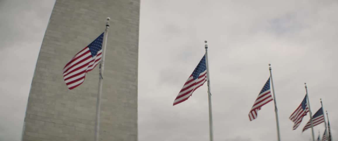 Several american flags flap in the wind in front of the washington monument