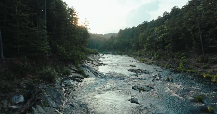 A river with fast and low water that passes between several rocks and in the middle of a forest of trees