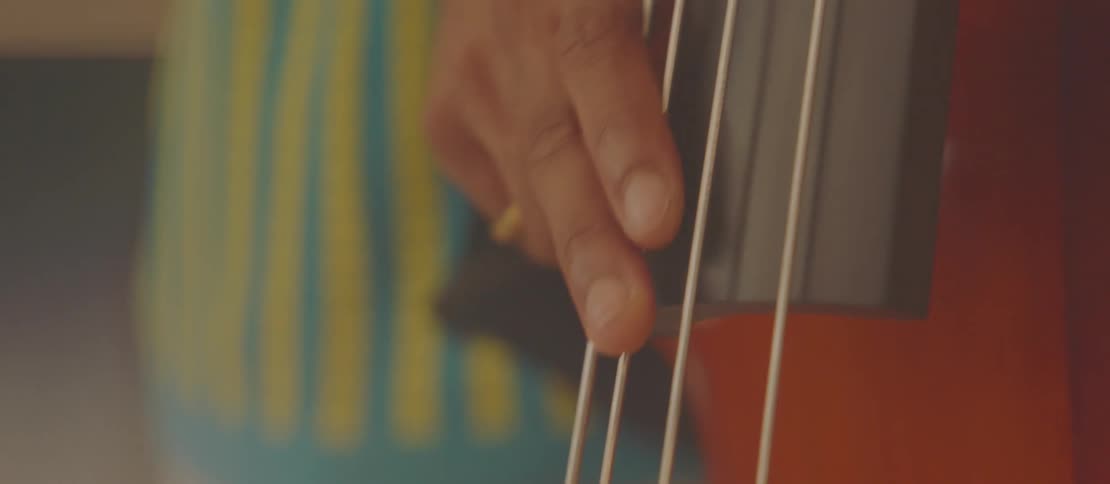 The hand of a musician plays the strings of a double bass