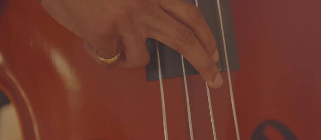 A black man plucks the strings on an upright bass