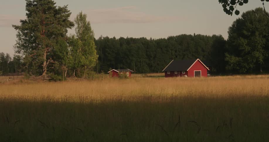 Two small red buildings sit on a grass plain in a rural area