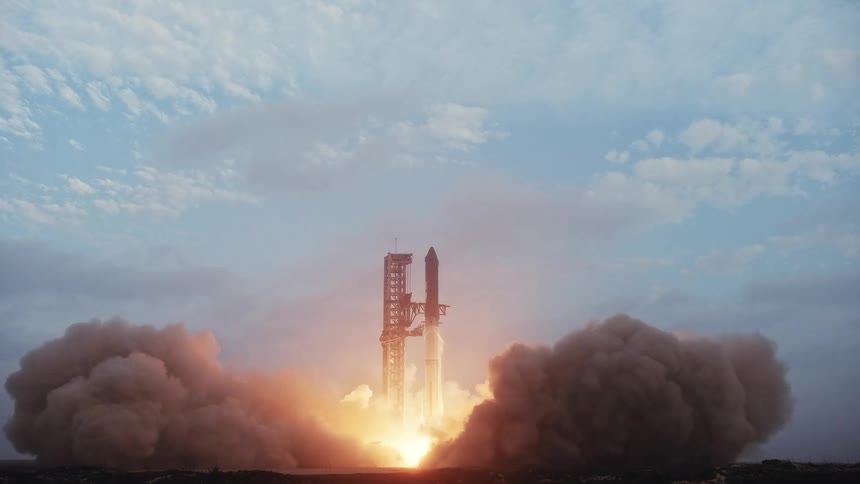 Starship Rocket Launches from Starbase Scenic Launchpad Landscape