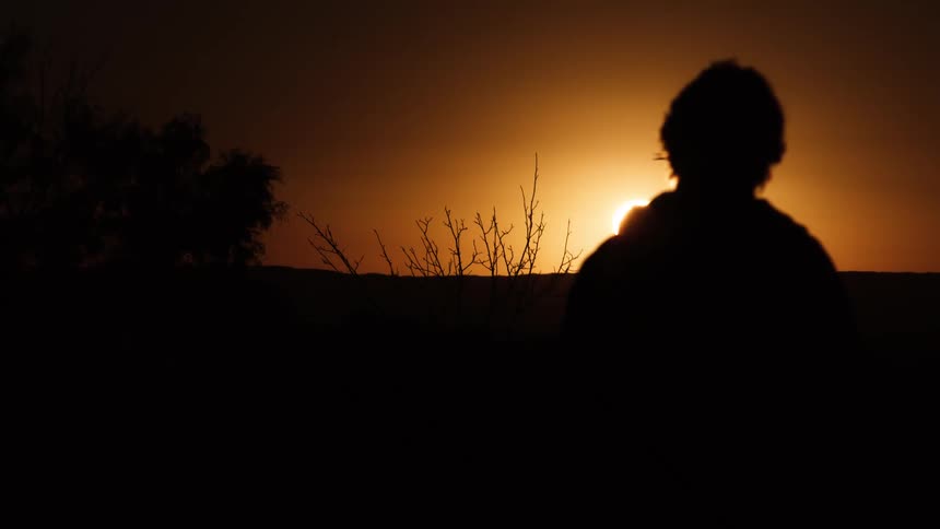 A person walking in the field is silhouetted against the backdrop of a sunset