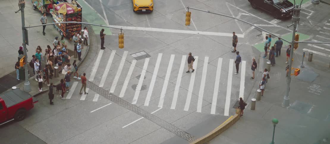 Street of a metropolis with pedestrians and vehicle traffic