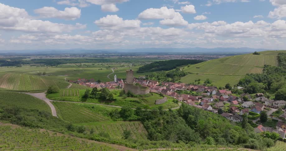 An aerial view of a small town with several houses and surrounded by grass fields