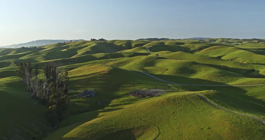Aerial panorama of green hills and winding roads