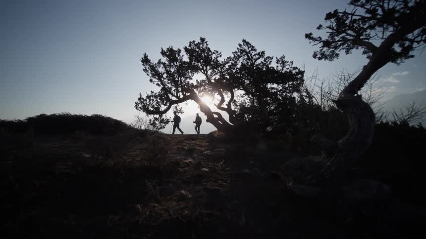 Two people walk long a path on a plain