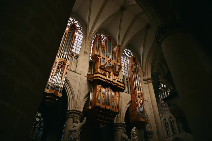 A large pipe organ extends to the roof of a cathedral