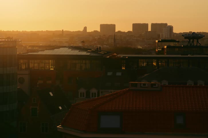 A cityscape bathed in the warm glow of a setting sun with buildings rooftops and a distant skyline visible