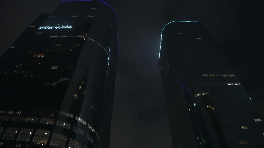 Buildings lit up in the dark