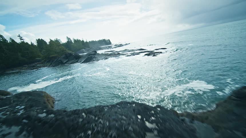 A rocky forested coastline stretches into a vast sparkling ocean under a cloudy sky