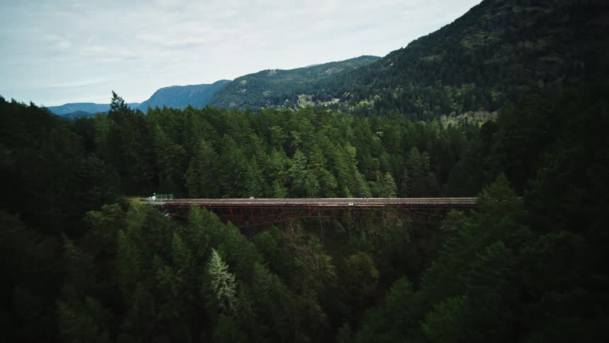 Aerial view of a suspension bridge between mountains and dense forests with a river in the background