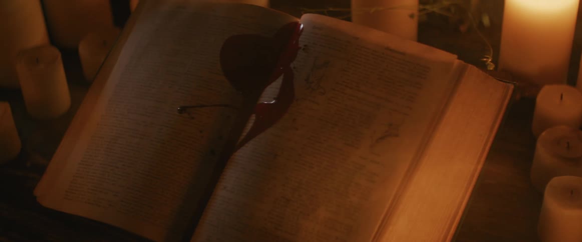 A blood stained book amidst flickering candles