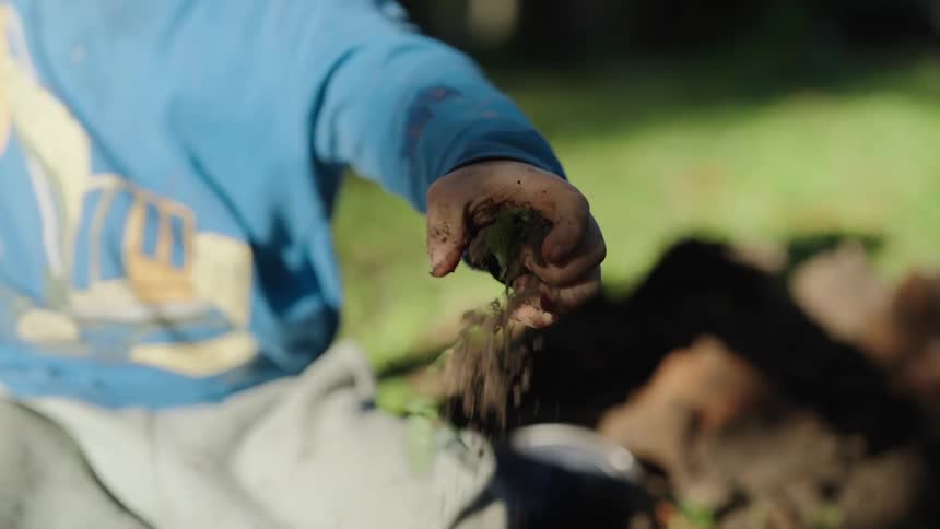 A kids hands playing with soil and leaves
