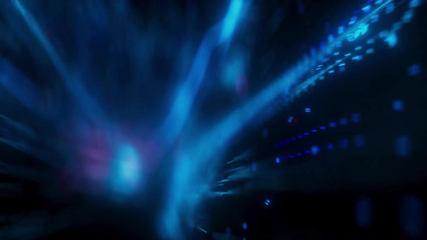 Flying through floating digital particles with shallow depth of field