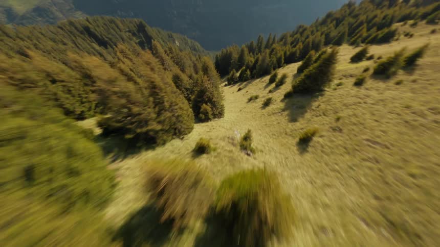Flying over a grassy slope in a mountain range with several groupings of trees