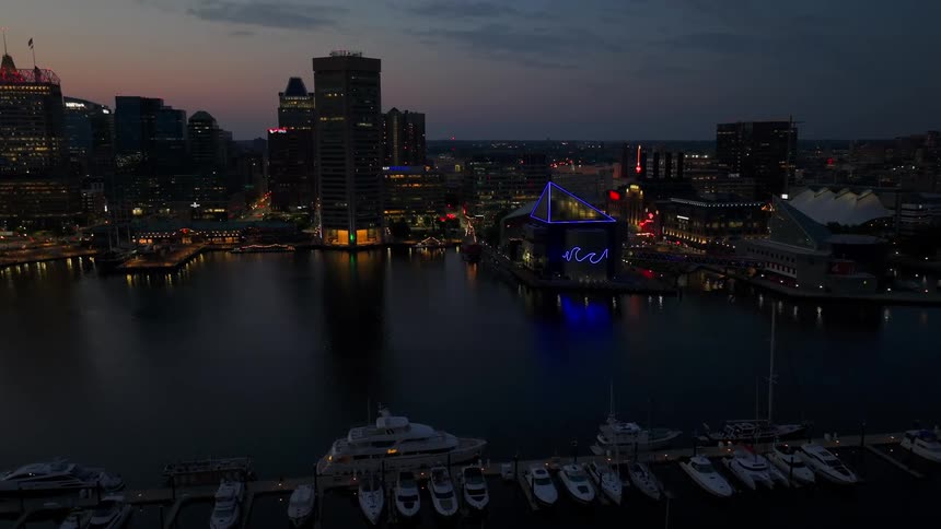 Aerial panorama of an illuminated metropolis at night and by the sea