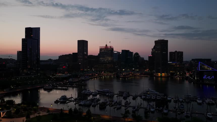 Aerial panorama of a metropolis seen in a dark dawn by the sea