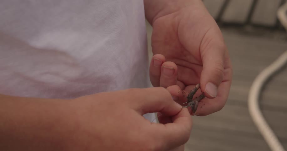 A person puts a worm on the hook