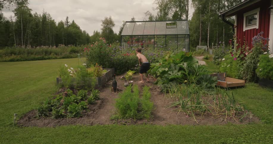 Boy digs in the yard of a rural home on an overcast day