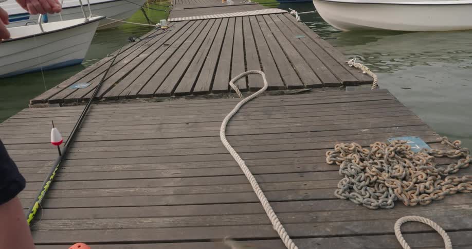 Jumping fish caught on a hook on top of a wooden pier