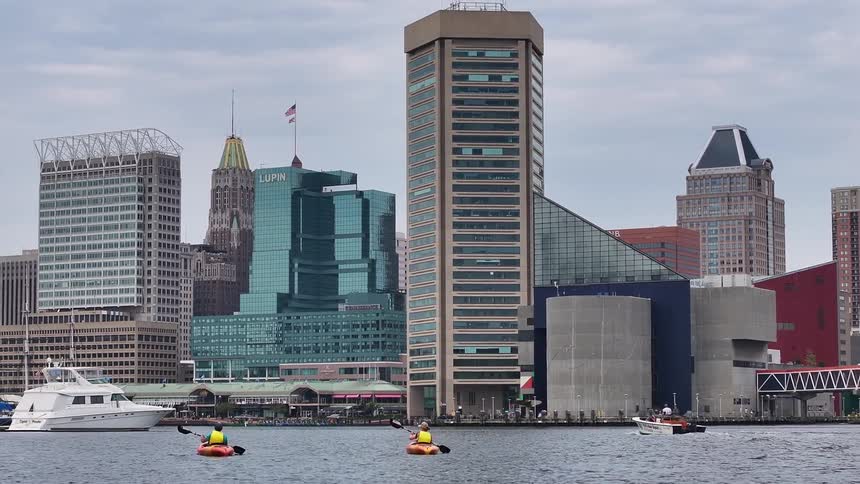 People are rowing near the city