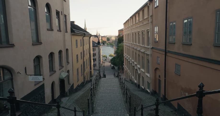 Stairs on the street in a residential neighborhood of old buildings in a city